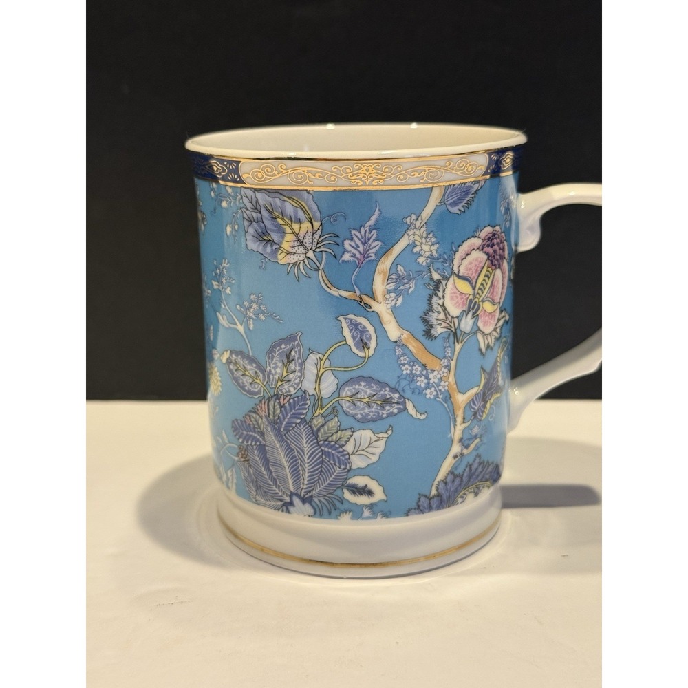 Grace Teaware Blue Chinoiserie Floral Fine Porcelain Mug Gold Trim 4.25"